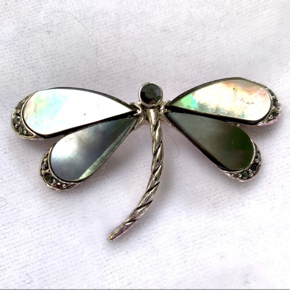 Vintage Monet Iridescent Mother of Pearl Marcasite Dragonfly Brooch